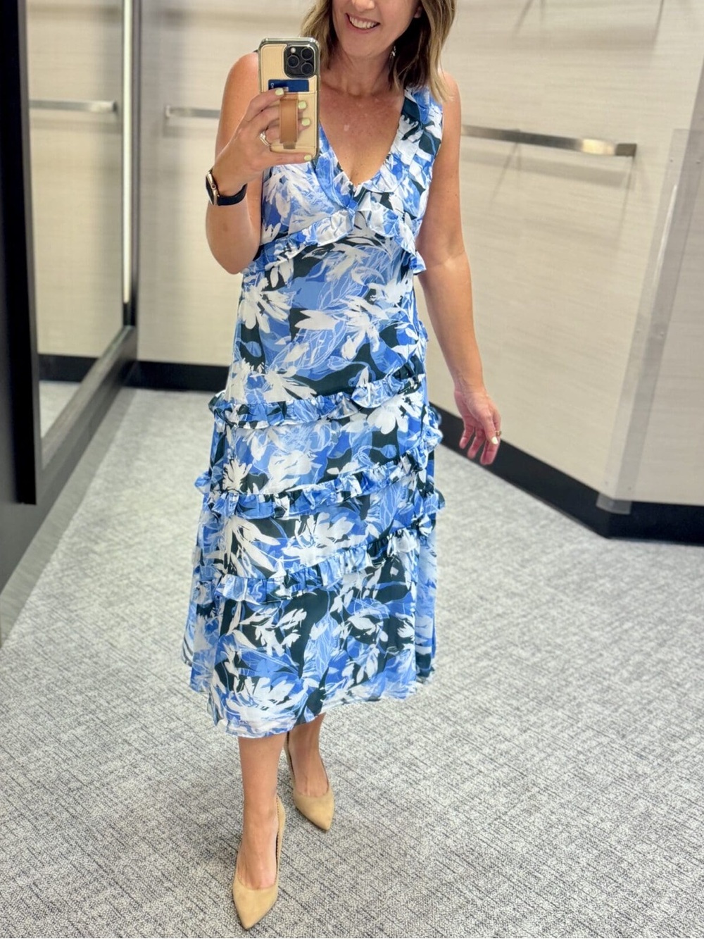 Chelsea28 Blue Floral V-Neck Tiered Midi Dress